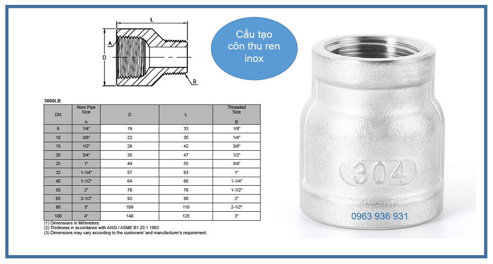 Côn thu ren inox 1
